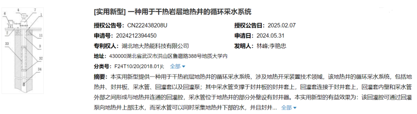 地大熱能取得用于干熱巖層地熱井的循環(huán)采水系統(tǒng)專利，提高干熱巖層地熱井的熱能采集效率